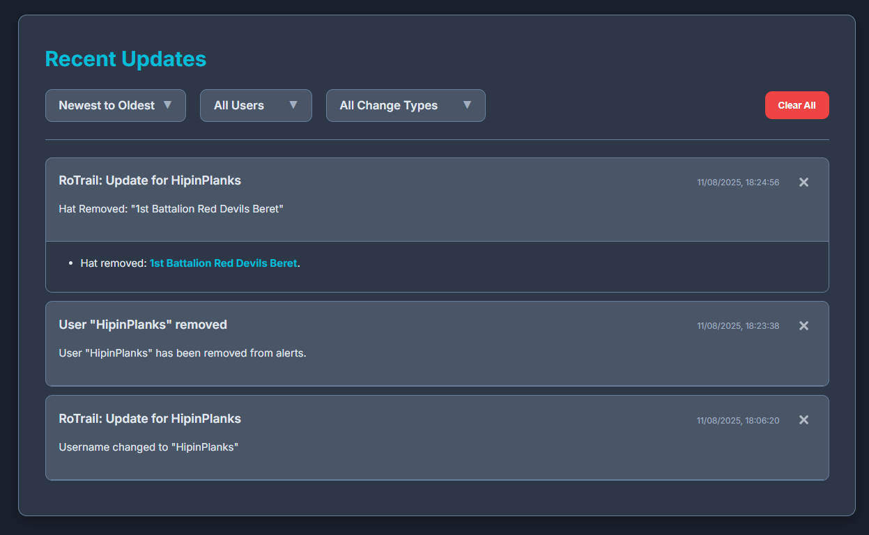 Screenshot of RoTrail recent updates with filter dropdown