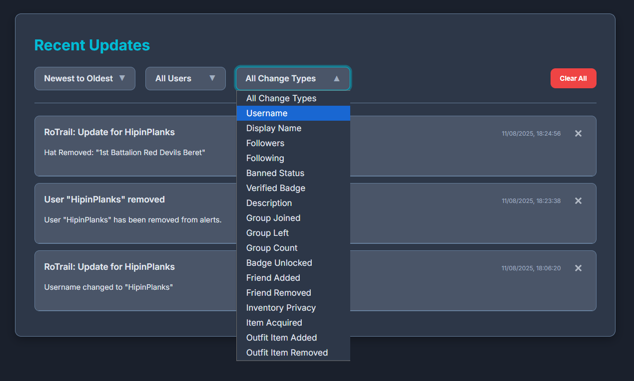 Screenshot of RoTrail settings page